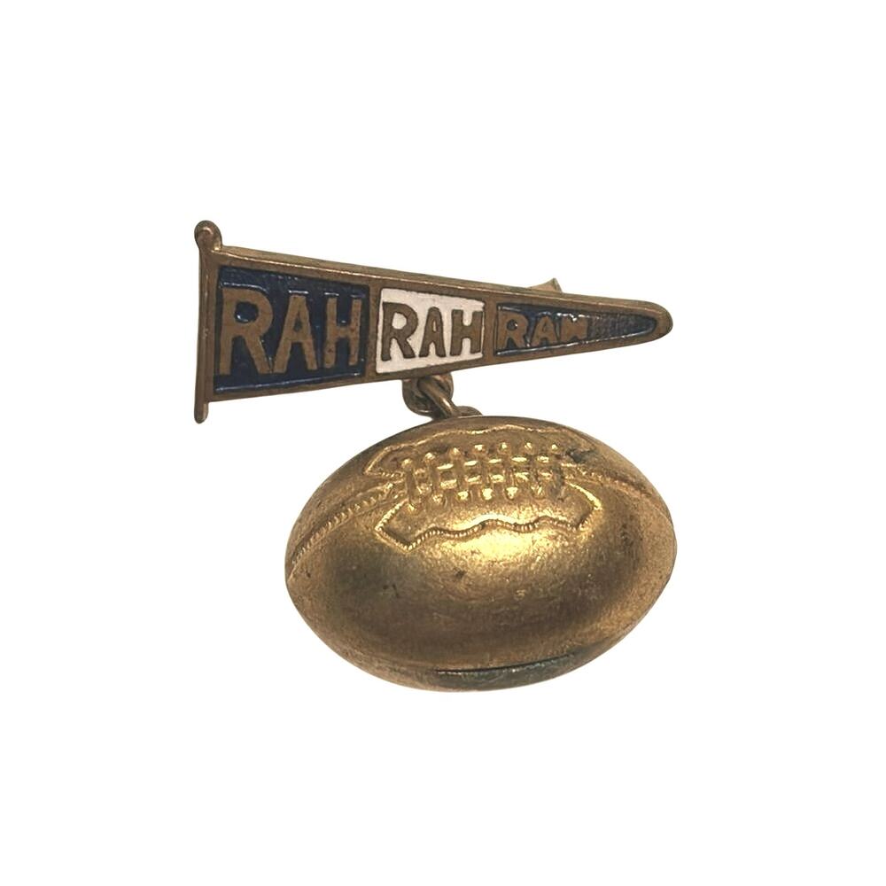Vintage RAH RAH RAH Football Dangling Pennant Brooch Pin Gold Tone Enamel